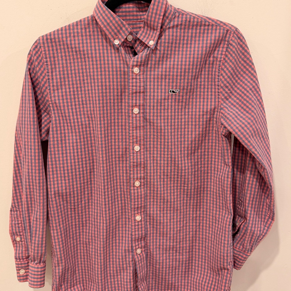 Vineyard Vines Boys Gingham‎ Whale Shirt Red Blue Button Down M 12-14 3W001157